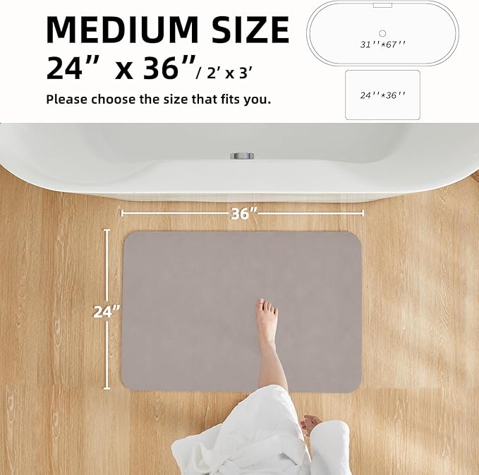 Bathroom Mat Quick Dry, Bathroom Rugs Non Slip Washable Thin Absorbent Bath Mat Fits Under Door Bathroom Floor Mat Perfect for Bath, Shower, or Sink 24"x36" Light Grey