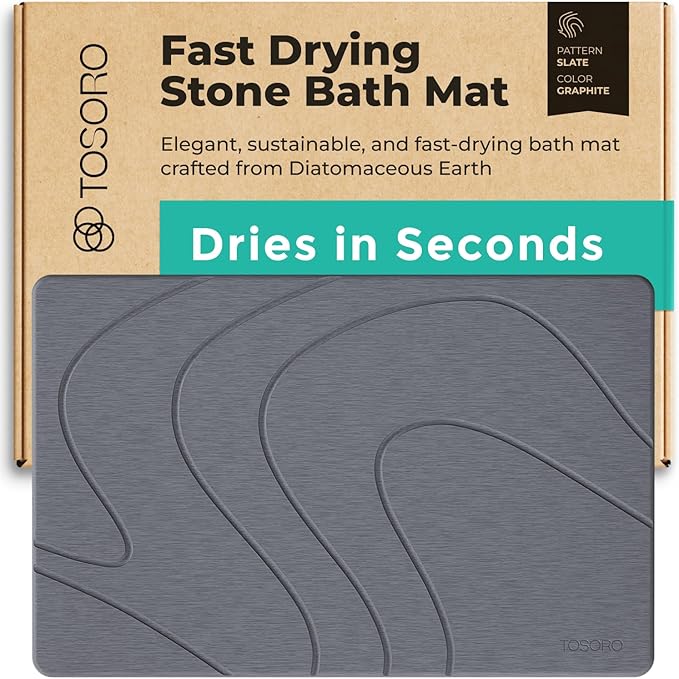 Stone Bath Mat, Diatomaceous Earth Non-Slip Stone Shower Mat - Quick Drying Absorbent Bath Mats for Bathroom - Elegant & Modern Design, Easy to Clean (23.5 x 15) - Graphite