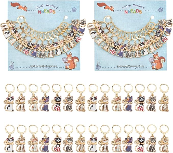 NBEADS 28 Pcs Cat Charm Stitch Markers, 7 Styles Alloy Enamel Cute Cat Crochet Charms Removable Locking Stitch Marker with 304 Stainless Steel Clasp for Sewing Accessories Quilting Jewelry