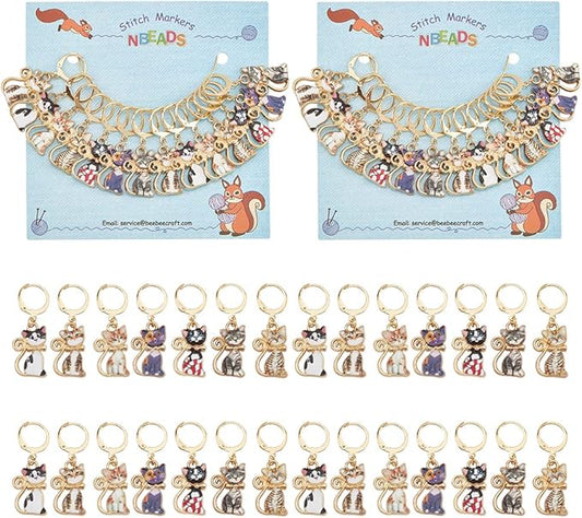 NBEADS 28 Pcs Cat Charm Stitch Markers, 7 Styles Alloy Enamel Cute Cat Crochet Charms Removable Locking Stitch Marker with 304 Stainless Steel Clasp for Sewing Accessories Quilting Jewelry
