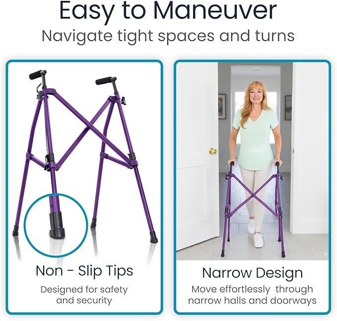 Vive Lightweight Folding Walker for Seniors - Narrow Foldable Rolling Walker for Small Spaces- Compact & Collapsible for Travel - with Wheels, Mobility Support, Portable- Weighs Only 5.5 Pounds