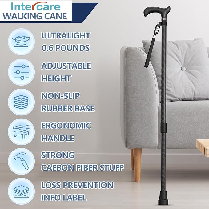Walking Cane for Men for Stability, Walking Canes with Light,Adjustable Quad Canes for Men with Two Replacement Bases, Ultralight Carbon Fiber Walking Canes for Seniors Balance,Only 0.3kg