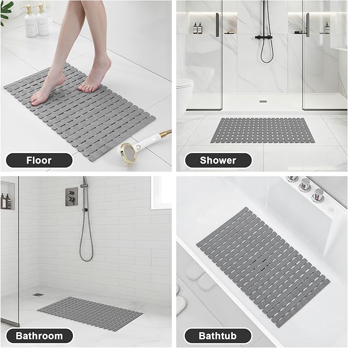 XIYUNTE Shower Mat Non Slip Bath Mat for Tub - 27 X 16 Inch PVC Bathtub Mat Non Slip Shower Mats for Inside Shower, Bath Tub Mat with Powerful Suction Cup, Easy to Cut and Dry, Grey