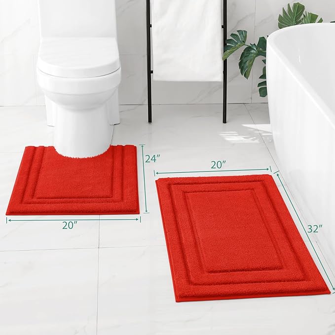 HOMEIDEAS Bathroom Rugs Sets 2 Piece, Super Soft and Absorbent Non Slip Microfiber Machine Washable Bath Mat Set (20"x32"+U20 x24, Red)
