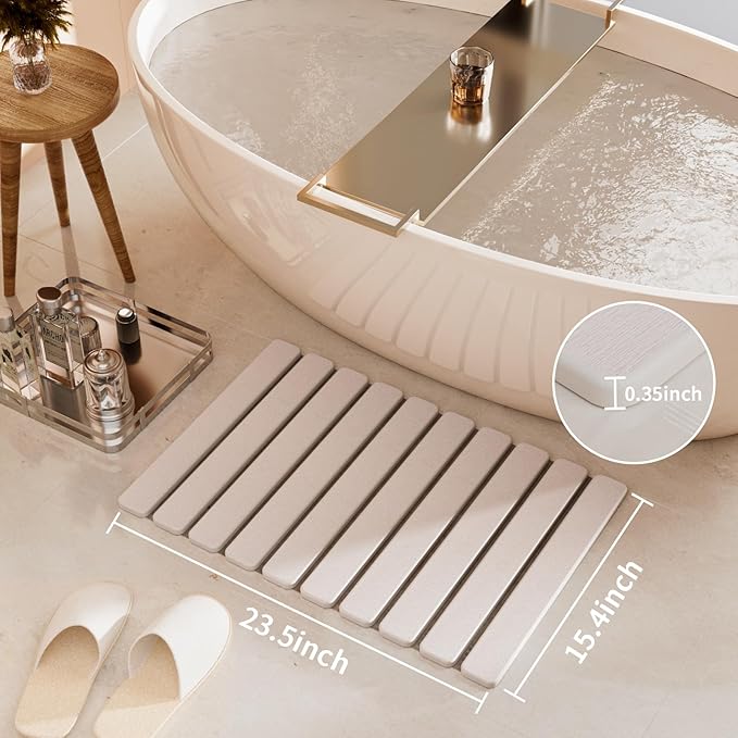 Foldable Stone Bath Mat, Quick Dry Stone Drying Mats for Bathroom, Super Absorbent Bath Mat, Non Slip, Large Diatomaceous Earth Dish Drying Mats for Kitchen Counter 23.5 x 15.4in, White