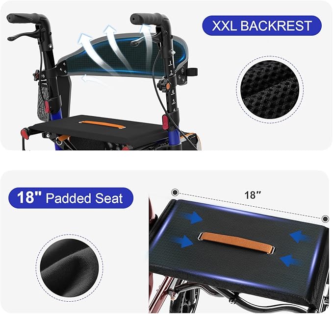 Rollator Walker for Seniors with Seat, Lightweight & Foldable, 8" All-Terrain Wheels, 18" Big Seat, 6-Level Adjustable Height Rolling Walker, 350 lb Capacity, Blue