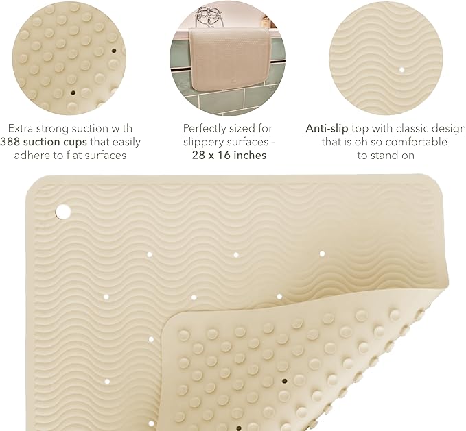 HEVEA Natural Rubber Wave Bath Mat – Long 28 × 16 in - Non-Slip Shower & Bathtub Mat with 388 Suction Cups, Plastic-Free & Biodegradable (Sand)