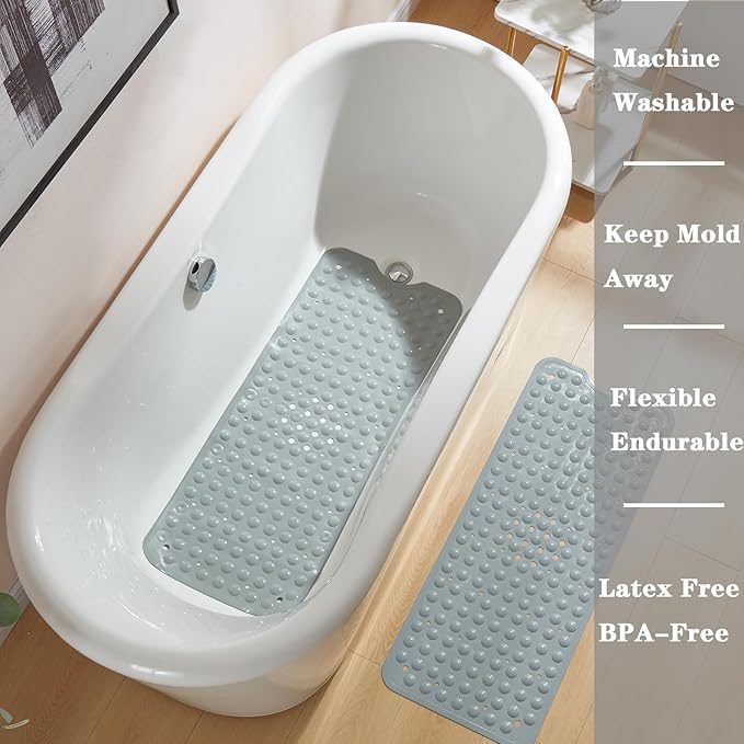 YANZIFLY Bathtub Mat for Shower: Soft Silicone Bath Mat Non Slip with Suction Cups Tub Mat for Bathroom for Family Use Extra Large Shower matt Machine Washable - Grey
