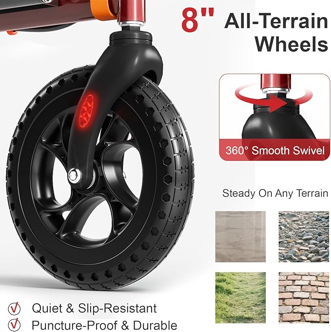 Rollator Walker for Seniors with Seat, Lightweight & Foldable, 8" All-Terrain Wheels, 18" Big Seat, 6-Level Adjustable Height Rolling Walker, 350 lb Capacity, Burgundy