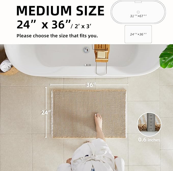 Waffle Bath Mat, Boho Bathroom Rugs Non Slip Washable Super Absorbent Quick Dry Bath Mat Farmhouse Bathroom Decor, 36"x24" Khaki and White