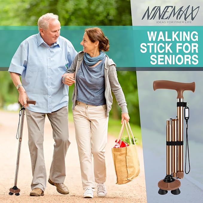 NINEMAX Walking Cane for Men Women Seniors, Foldable Collapsible Adjustable Free Standing T Handle Walking Stick, Lightweight Sturdy Folding Cane Portable for Stable and Balance