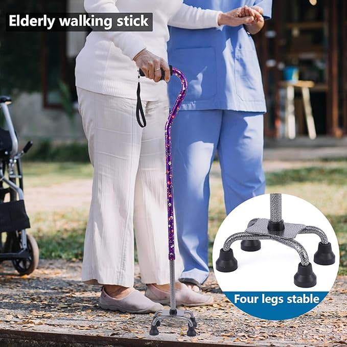 Walking Cane for Women & Men, Adjustable Quad Cane with 4-Prong Base for Stability and Balance, Folding Aluminum Walking Stick for Seniors