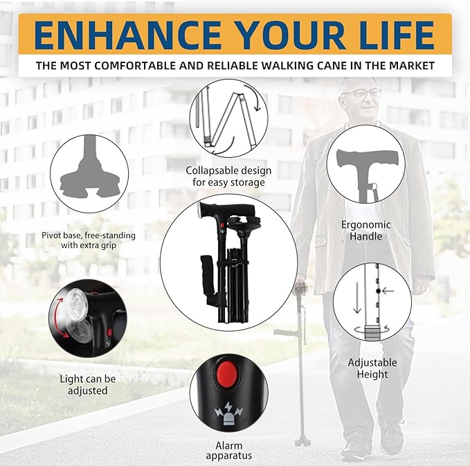 Cane Hero Walking Cane, Ready Walker Cane with Light and Alarm, Smart Walking Cane for Women, Adjustable Suitable for Arthritis Disabled and Elderly, with Cushioned T Handle and Swivel Four Pedestal