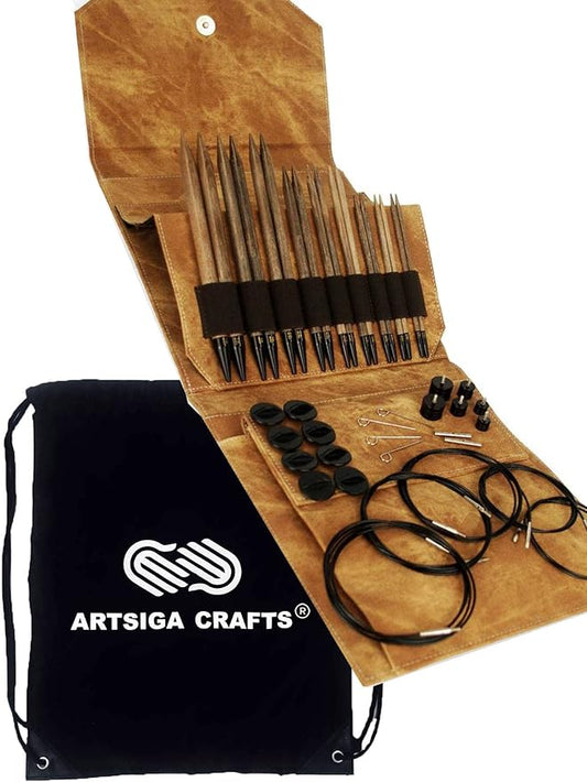 Lykke Umber 5.5, 6.5 & 7.5 Inch Long Interchangeable Knitting Needles Birch Wood US Sizes US Sizes 7, 8, 9, 10, 10.5, 11, 13, 15, 17 with 5 Cords, connectors, Keys, Umber Denim Case, Project Bag