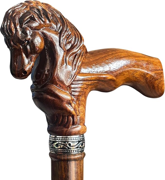 Wood Walking Cane, Elegant Hand-Carved Horse Head Wooden Walking Cane for Men and Women, Handmade Stylish Canes for Seniors, Light Stable High-end Canes Suitable for Gift Giving