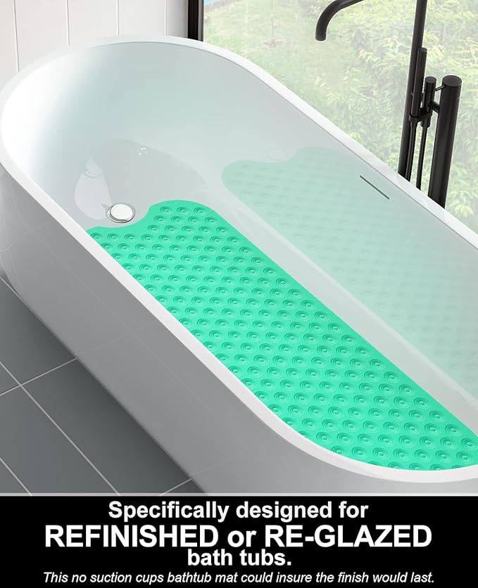 OTHWAY No Suction Cup Bath Mat: 39x16 inch Extra Long Bathmat│Perfect for Refinished or Ordinary Bath Tubs│Made of Nature Rubber│a Blessing for The Elderly and Children (Light Green)