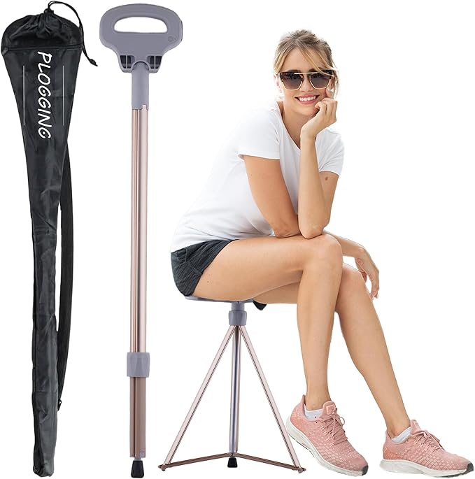 Walking Cane with Seat Folding Lightweight, Portable Cane Seat with Carry Bag, Walking Stick with Seat for Seniors & Adults, Foldable Adjustable Cane Chair for Travel Hiking