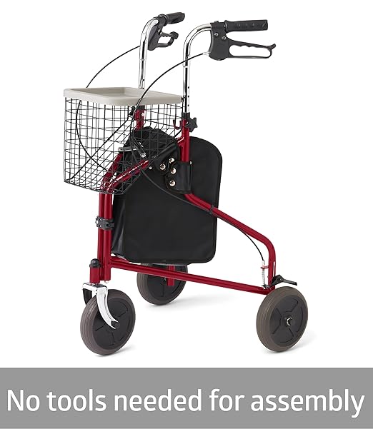 Medline 3-Wheel Ultralight Rollator, Steel Frame, Includes Wire Basket and Storage Bag, Supports up to 275 lbs, 8" Wheels, Burgundy