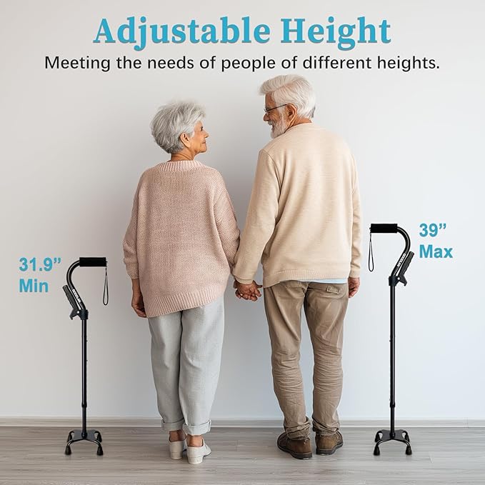 AOHHL Quad Walking Cane Foldable Adjustable Portable Stick Men & Women and Seniors - Lightweight & Sturdy with 4-Pronged Base for Extra Stability Balance,Self Standing Gifts for mom Dad
