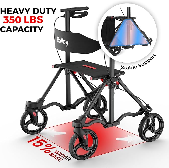 Rollator Walkers for Seniors with Seat, Lightweight Ultra-Compact Travel Rolling Walker, 350lbs Capacity, Heavy-Duty Extra-Wide Seat, Easy Folding, Height Adjustable for Tall Over 6ft, 8" Big Wheels