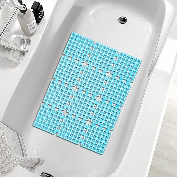 Shower Mat Non Slip，24"X24" Bathtub Mat Non Slip Square Shower Mats for Inside Shower with Drain Holes Suction Cups, Quick Drain, TPE Shower Floor Mat for Elderly & Kids (Blue)