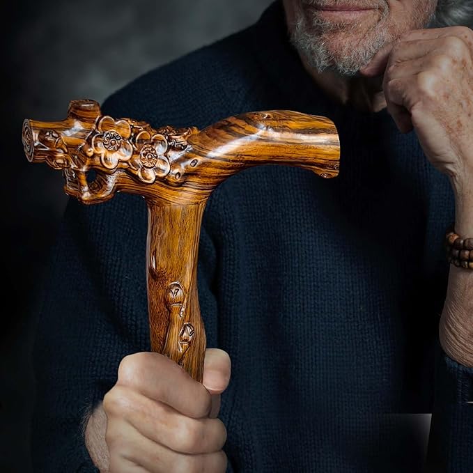 Wooden Walking Cane, Hand-Carved Wood Walking Cane for Men and Women, with Massage Function Support up to 500lbs, High-end Canes for Seniors Suitable for Gift Giving