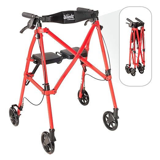 Stander Space Saver Rollator, Lightweight Folding Rolling Walker with Seat for Seniors & Adults, 4-Wheel Mobility Aid with 6-inch Wheels, Locking Brakes & Padded Seat with Backrest, Sport Red