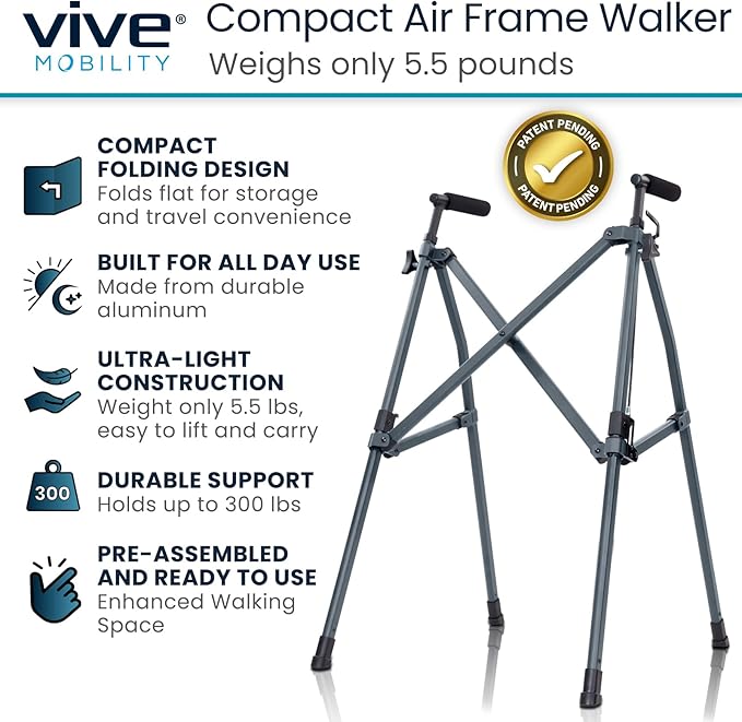 Vive Lightweight Folding Walker for Seniors - Narrow Foldable Rolling Walker for Small Spaces- Compact & Collapsible for Travel - with Wheels, Mobility Support, Portable- Weighs Only 5.5 Pounds