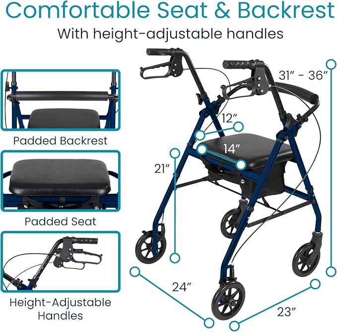 Vive Ultra Lightweight Rollator Walker with Seat - Foldable, Narrow, Rolling Senior Walker for Small Spaces - 4 Wheel Aluminum Adult Easy Drive Aid with Underseat Accessory - Weighs Only 14 Lbs