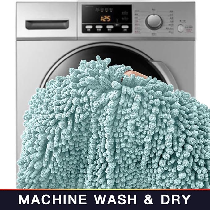 Walensee Bathroom Rug 2 Pieces Set Non Slip Bath Mat (20"x32" Plus 20"x24" U spa Blue) Water Absorbent Super Soft Shaggy Chenille Machine Washable Dry Extra Thick Perfect Carpet for Shower Floor