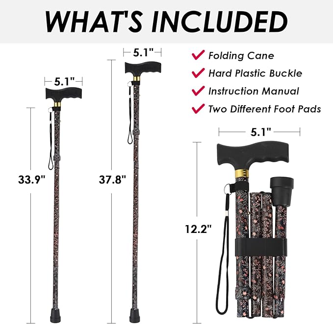 Walking Cane PANZHENG Cane for Man/Woman | Mobility & Daily Living Aids | 5-Level Height Adjustable Walking Stick | Comfortable Plastic T-Handle Portable Walking Stick Folding Cane
