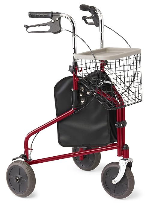 Medline 3-Wheel Ultralight Rollator, Steel Frame, Includes Wire Basket and Storage Bag, Supports up to 275 lbs, 8" Wheels, Burgundy
