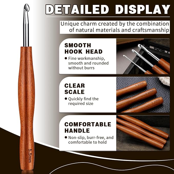 Nitlak 5.5mm Crochet Hook, Available in 1.5mm-6.0mm, Aluminum Ergonomic Crochet Hooks with Wooden Handle for Arthritic Hands, Beginners, Knitting Needles for Christmas Gifts, Birthday Gifts