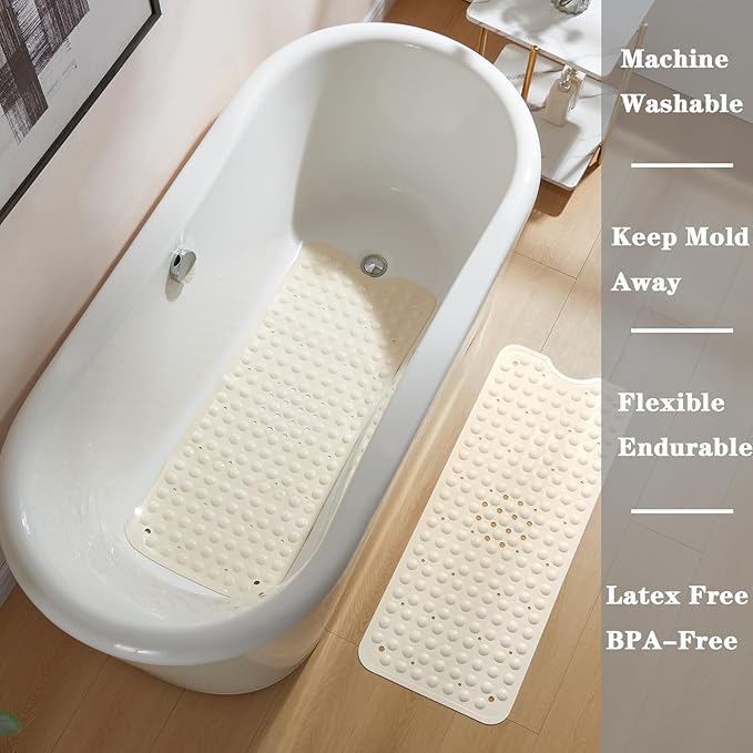 YANZIFLY Bathtub Mat for Shower: Soft Silicone Bath Mat Non Slip with Suction Cups Tub Mat for Bathroom for Family Extra Large Shower matt Machine Washable - Beige