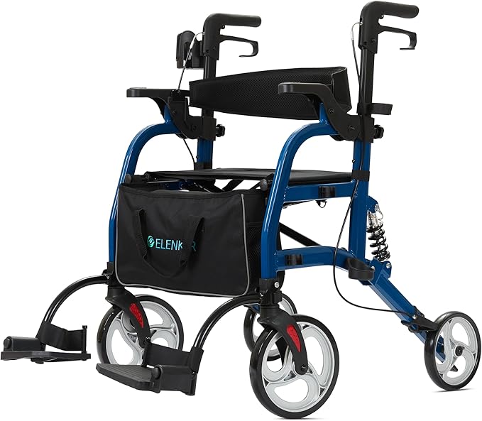 ELENKER 2 in 1 Rollator Walker & Transport Chair for Seniors, Folding Rolling Walker Wheelchair Combo with Wide Seat and Shock Absorber, Blue