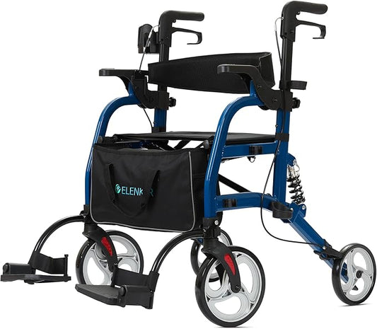 ELENKER 2 in 1 Rollator Walker & Transport Chair for Seniors, Folding Rolling Walker Wheelchair Combo with Wide Seat and Shock Absorber, Blue