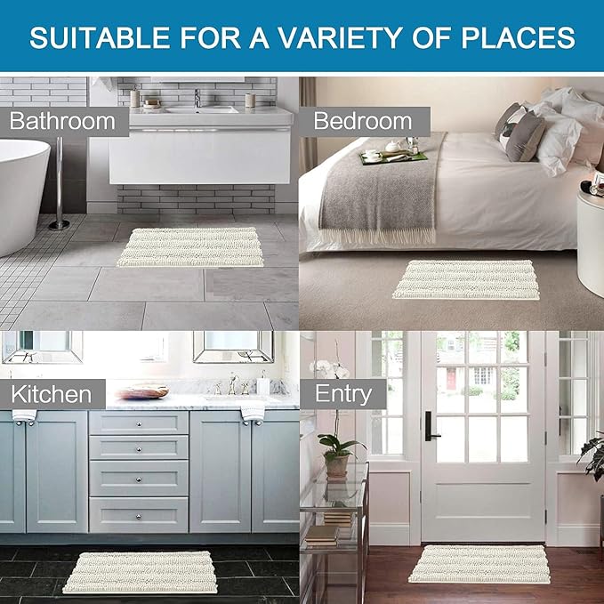 H.VERSAILTEX Bath Rugs for Bathroom Non Slip Bath Mats Extra Thick Chenille Striped Rug 20" x 32" Absorbent Non Skid Fluffy Soft Shaggy Washable Dry Fast Plush Mat for Indoor, Bath Room, Tub - Cream