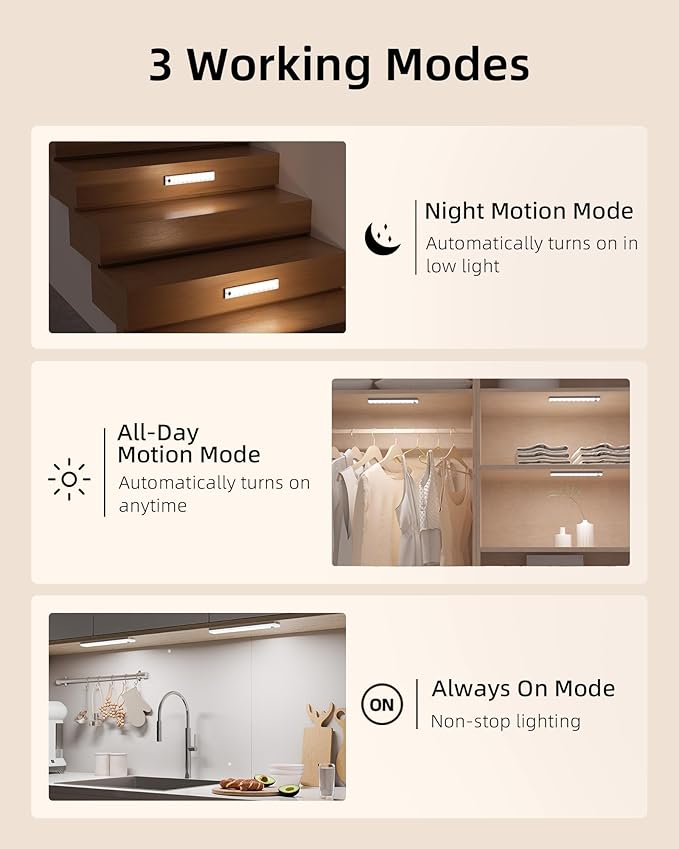 EZVALO 3-Pack Under Cabinet Lighting, 2000mAh Rechargeable Wireless Motion Sensor Lights, 62LEDs, 3 Color Temps, Dimmable, Timer, Magnetic, with Remote Control for Kitchen, Closet, Stair