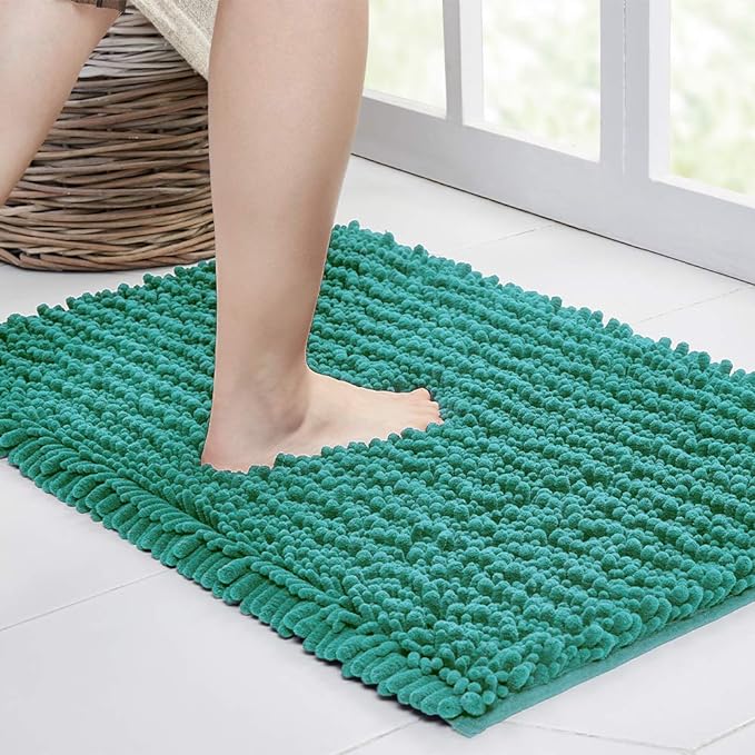 Walensee Bathroom Rug Non Slip Bath Mat (44x24 Inch Turquoise) Water Absorbent Super Soft Shaggy Chenille Machine Washable Dry Extra Thick Perfect Absorbant Best Large Plush Carpet for Shower Floor