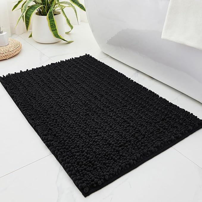 Small Bathroom Rug Non Slip Washable Black Bath Mat 20x32 Super Absorbent Soft Bathroom Floor Mat Chenille Bath Rug for Shower Tub