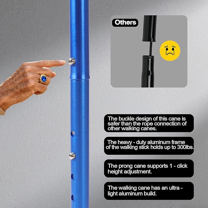 Quad Cane with LED Light (300 lbs) - Adjustable 4-Pronged Walking Cane Sticks for Men & Women, Extra Balance & Stability for Seniors