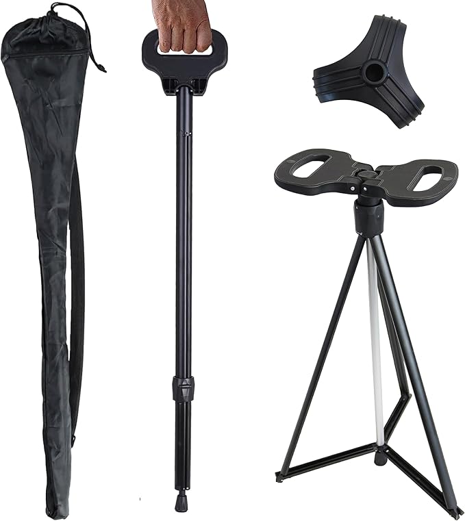 Cane with Seat Portable Walking Stick Folding Chair Lightweight Aluminum Mobility Aid Crutch Chair Height Adjustable with Carry Bag for Seniors Elderly Handicap Waiting/Queuing/Fishing