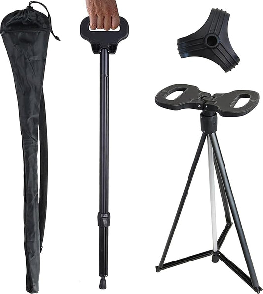Cane with Seat Portable Walking Stick Folding Chair Lightweight Aluminum Mobility Aid Crutch Chair Height Adjustable with Carry Bag for Seniors Elderly Handicap Waiting/Queuing/Fishing
