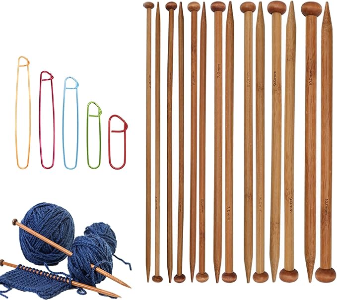 7 Pairs Bamboo Knitting Needles Set, Bamboo Natural, Long Wooden Knitting Needle, Single Point Straight Wood Needles, Wooden Knittings Needle for Beginners for Making Sweater, Shawl, Scarf