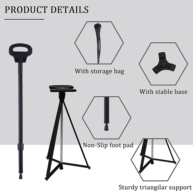 Walking Cane with Seat for Men & Women, Lightweight Anti-Slip Walking Stick with Carry Bag, Portable Stool for Senior & Adults, Foldable Cane Chair for Travel Hiking