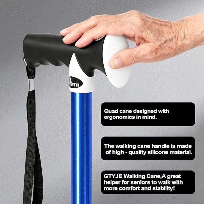 Quad Cane with LED Light (300 lbs) - Adjustable 4-Pronged Walking Cane Sticks for Men & Women, Extra Balance & Stability for Seniors