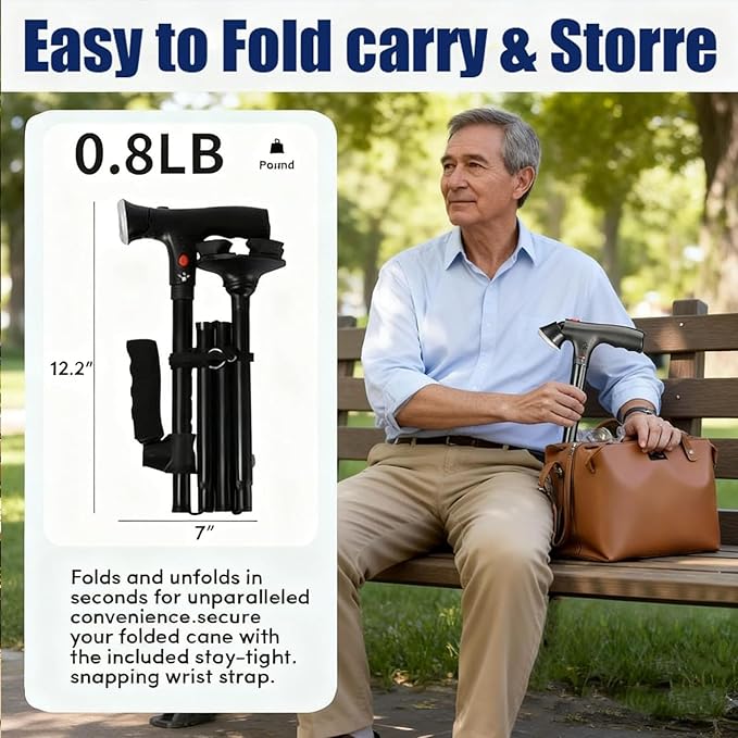 CaneHero Walking Cane, Cane Hero Walking Stick for Men & Women Smart Cane with LED Light & Emergency Alarm, Adjustable, Foldable, Lightweight with Non-Slip Base for Seniors, Support & Safety