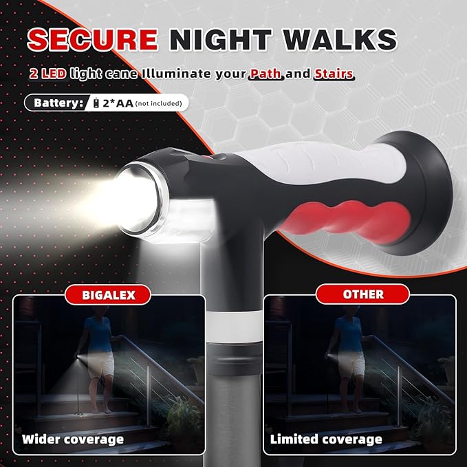 BigAlex Folding Walking Cane with Two Led Lights for Elderly Solid Base Adjustable Walking Stick with Carrying Bag for Men Women