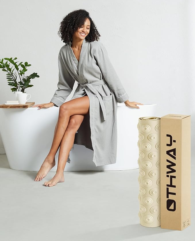 OTHWAY No Suction Cup Bath Mat: 39x16 inch Extra Long Bathmat│Perfect for Refinished or Ordinary Bath Tubs│Made of Nature Rubber│a Blessing for The Elderly and Children (Beige)