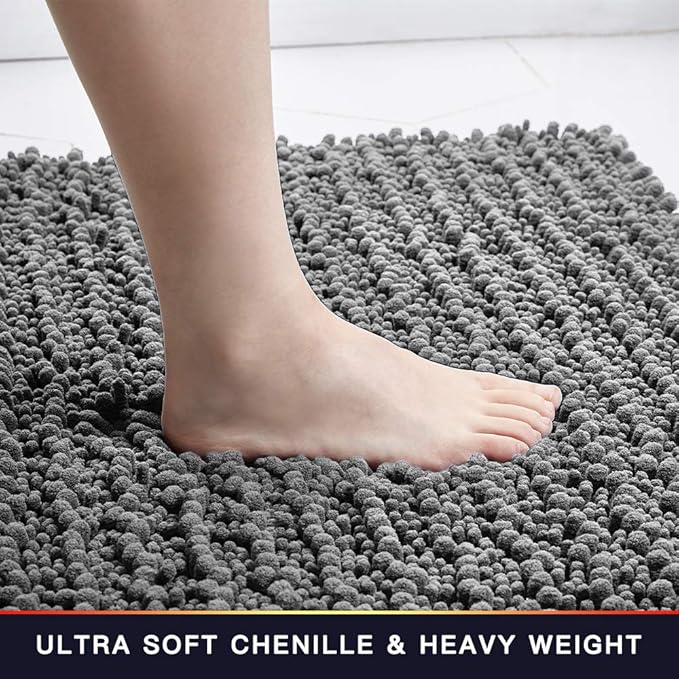 Walensee Bathroom Rug Non Slip Bath Mat (36x24 Inch Grey) Water Absorbent Super Soft Shaggy Chenille Machine Washable Dry Extra Thick Perfect Absorbant Best Large Plush Carpet for Shower Floor